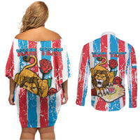 Personalized Luxembourg Couples Matching Off Shoulder Short Dress and Long Sleeve Button Shirt Red Lion With Coat Of Arms - Wonder Print Shop
