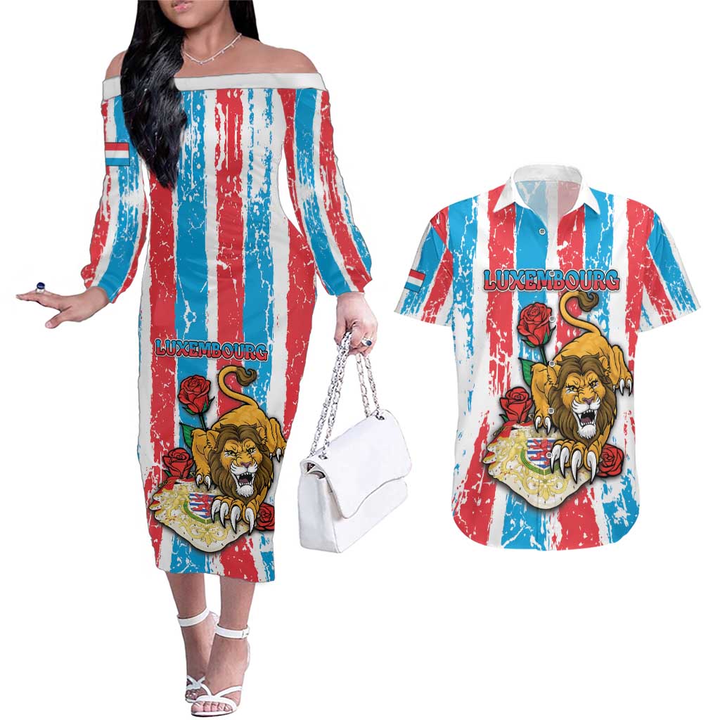 Personalized Luxembourg Couples Matching Off The Shoulder Long Sleeve Dress and Hawaiian Shirt Red Lion With Coat Of Arms - Wonder Print Shop
