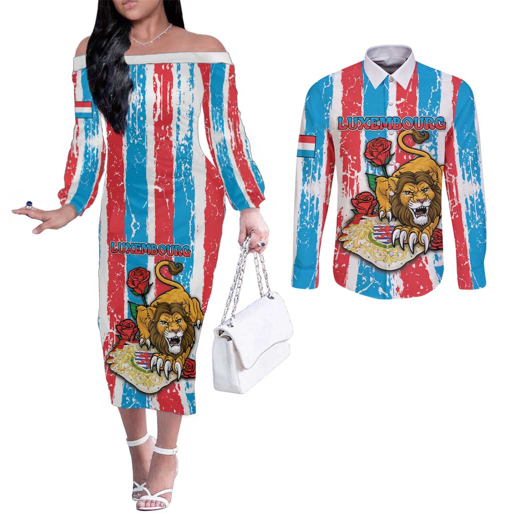 Personalized Luxembourg Couples Matching Off The Shoulder Long Sleeve Dress and Long Sleeve Button Shirt Red Lion With Coat Of Arms - Wonder Print Shop