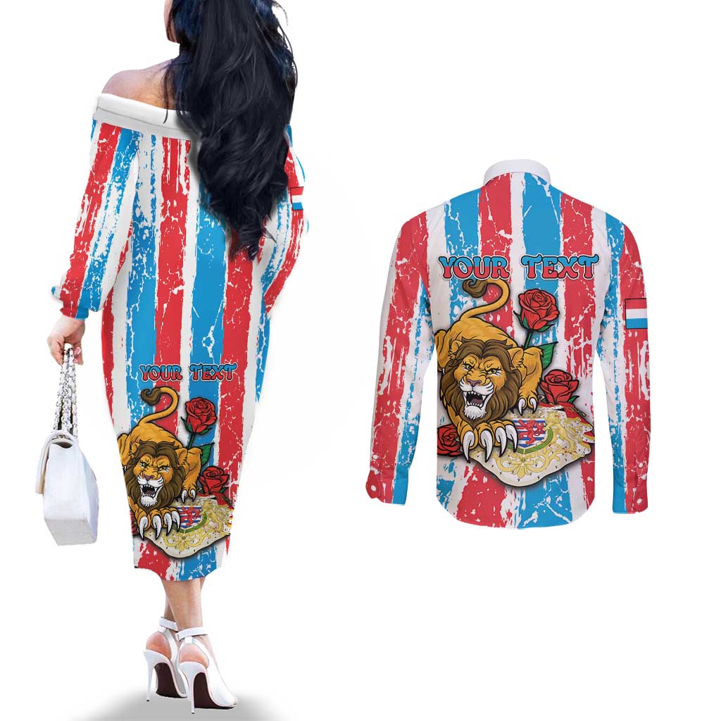 Personalized Luxembourg Couples Matching Off The Shoulder Long Sleeve Dress and Long Sleeve Button Shirt Red Lion With Coat Of Arms - Wonder Print Shop
