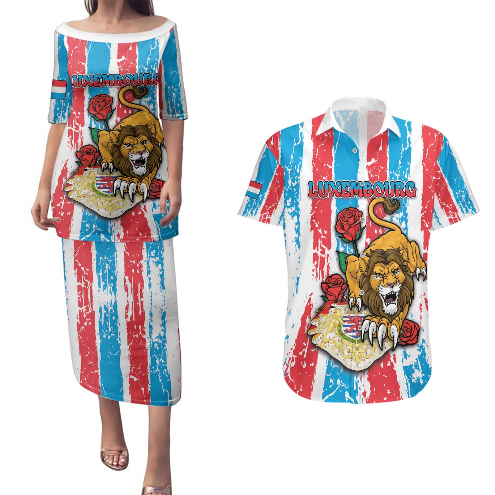 Personalized Luxembourg Couples Matching Puletasi and Hawaiian Shirt Red Lion With Coat Of Arms - Wonder Print Shop
