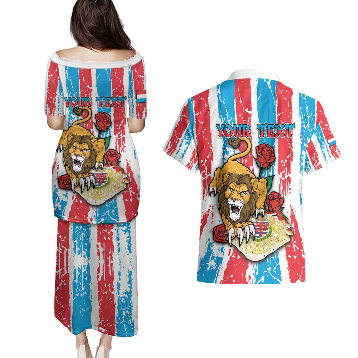 Personalized Luxembourg Couples Matching Puletasi and Hawaiian Shirt Red Lion With Coat Of Arms - Wonder Print Shop
