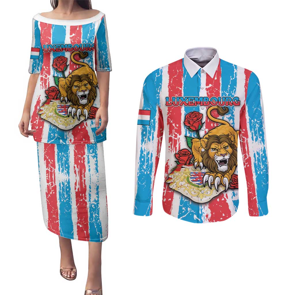 Personalized Luxembourg Couples Matching Puletasi and Long Sleeve Button Shirt Red Lion With Coat Of Arms - Wonder Print Shop