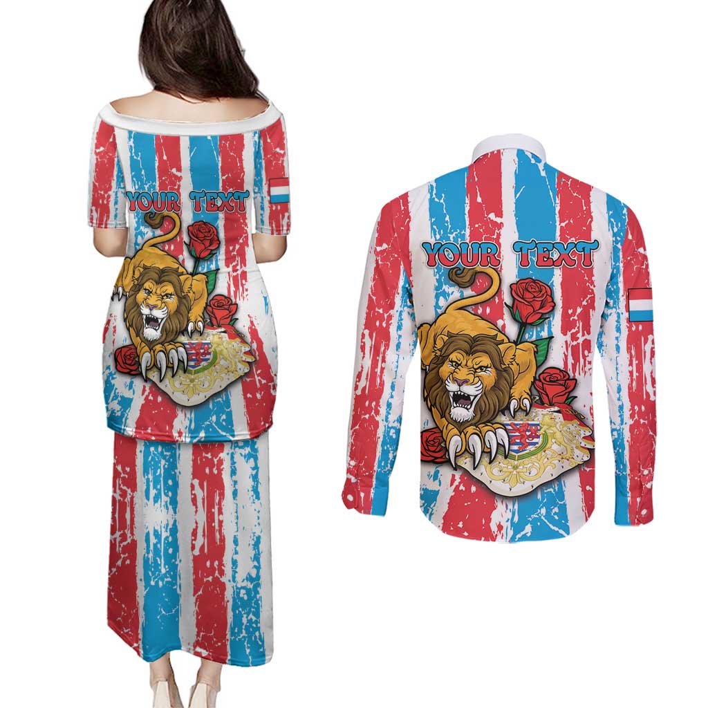 Personalized Luxembourg Couples Matching Puletasi and Long Sleeve Button Shirt Red Lion With Coat Of Arms - Wonder Print Shop