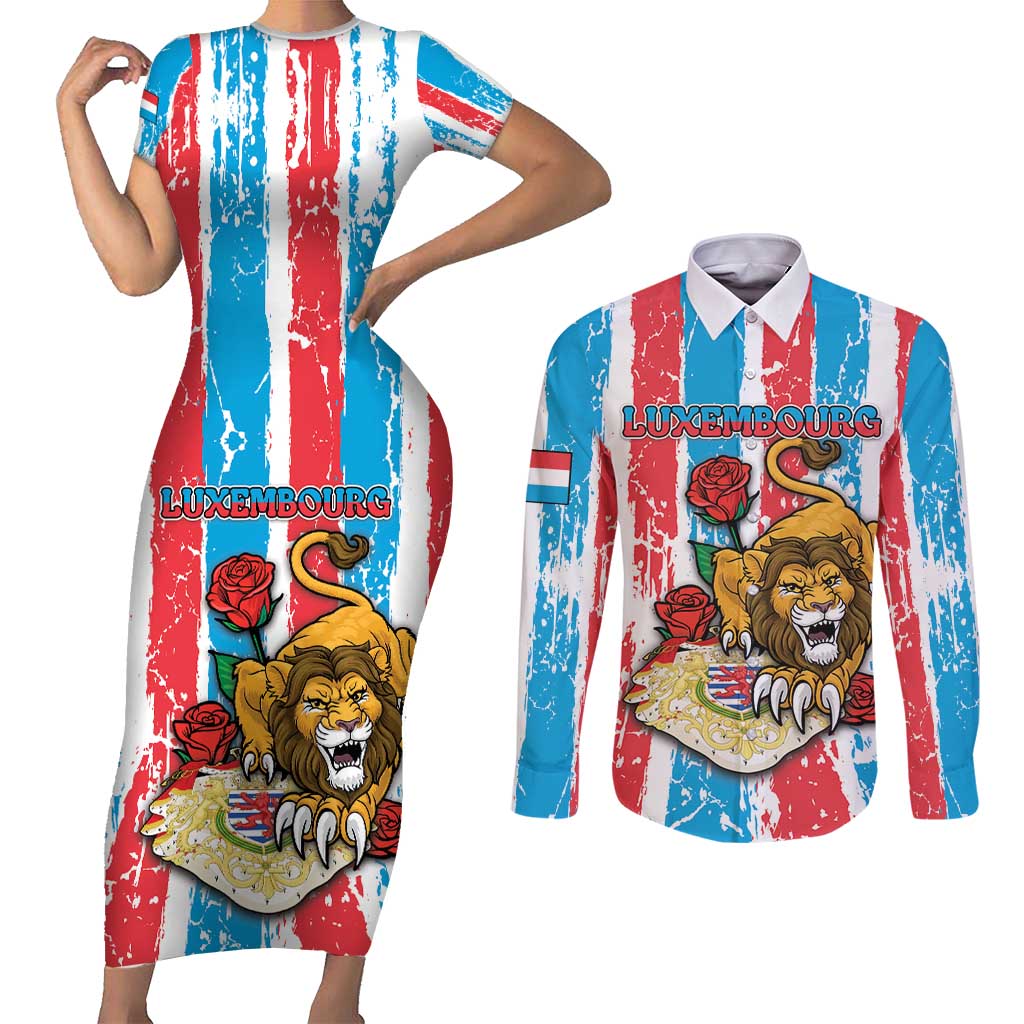 Personalized Luxembourg Couples Matching Short Sleeve Bodycon Dress and Long Sleeve Button Shirt Red Lion With Coat Of Arms - Wonder Print Shop