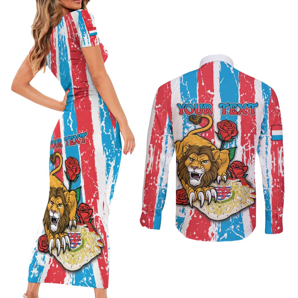 Personalized Luxembourg Couples Matching Short Sleeve Bodycon Dress and Long Sleeve Button Shirt Red Lion With Coat Of Arms - Wonder Print Shop