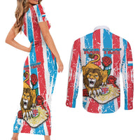 Personalized Luxembourg Couples Matching Short Sleeve Bodycon Dress and Long Sleeve Button Shirt Red Lion With Coat Of Arms - Wonder Print Shop