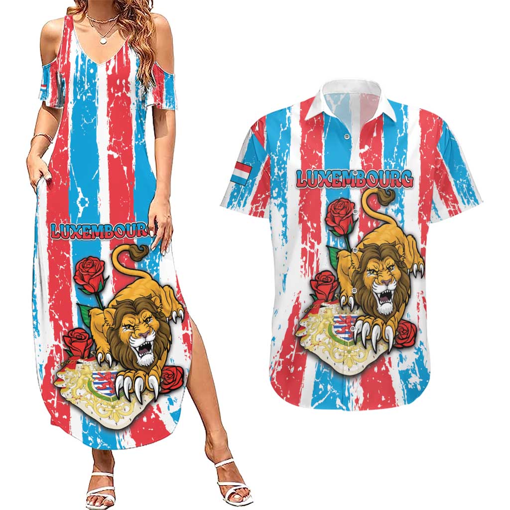 Personalized Luxembourg Couples Matching Summer Maxi Dress and Hawaiian Shirt Red Lion With Coat Of Arms - Wonder Print Shop