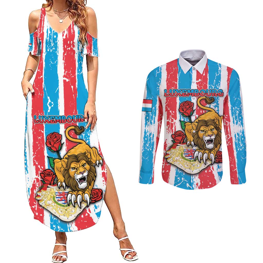 Personalized Luxembourg Couples Matching Summer Maxi Dress and Long Sleeve Button Shirt Red Lion With Coat Of Arms - Wonder Print Shop