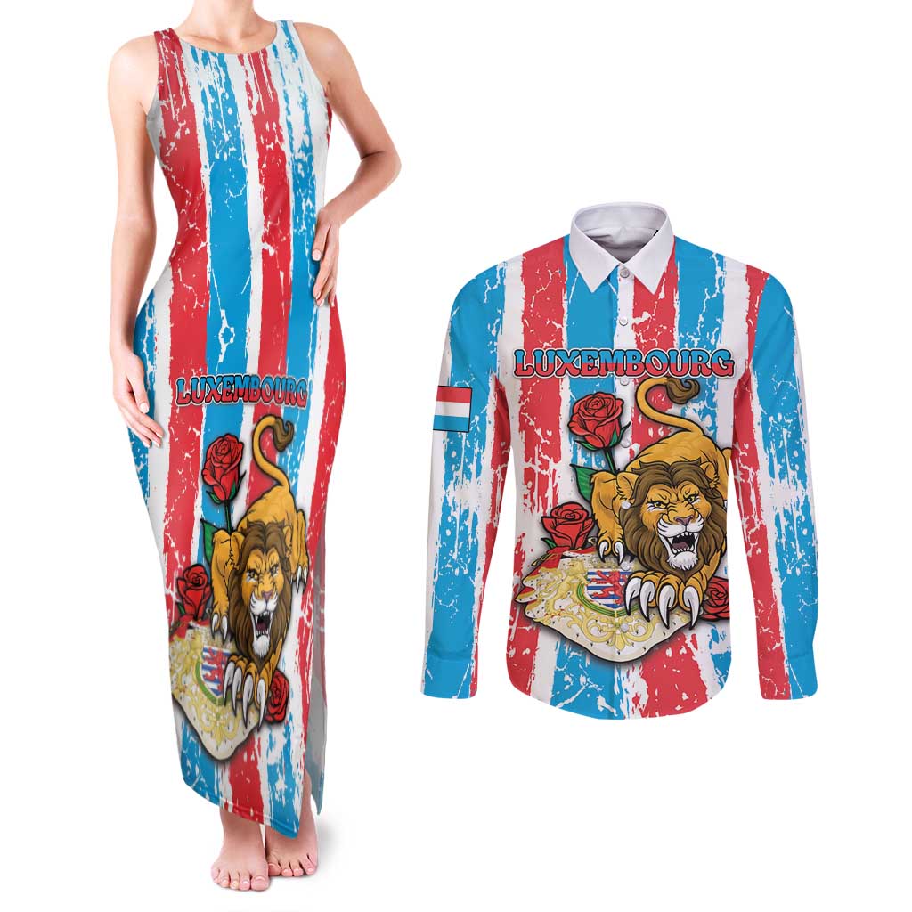 Personalized Luxembourg Couples Matching Tank Maxi Dress and Long Sleeve Button Shirt Red Lion With Coat Of Arms - Wonder Print Shop