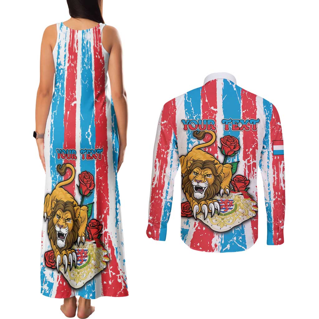 Personalized Luxembourg Couples Matching Tank Maxi Dress and Long Sleeve Button Shirt Red Lion With Coat Of Arms - Wonder Print Shop