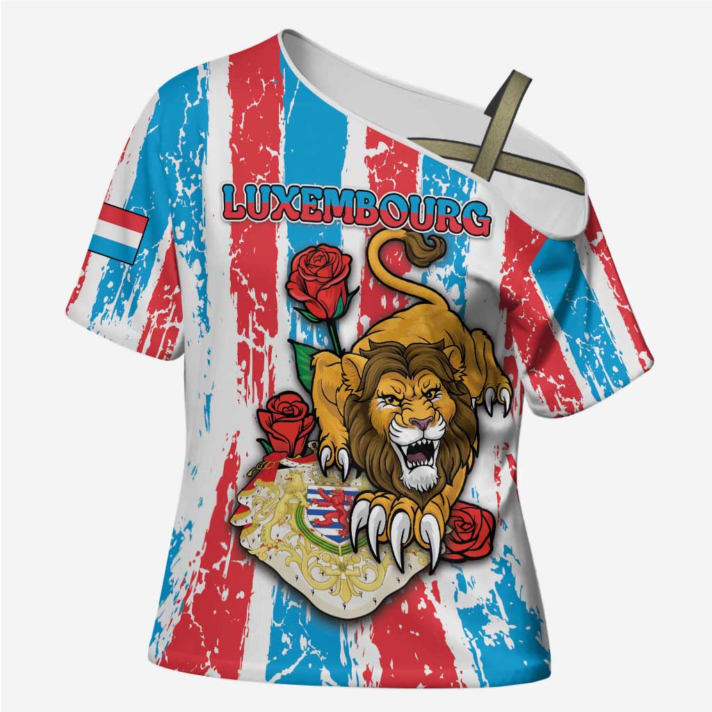 Personalized Luxembourg Cross Shoulder Shirt Red Lion With Coat Of Arms - Wonder Print Shop