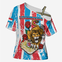 Personalized Luxembourg Cross Shoulder Shirt Red Lion With Coat Of Arms - Wonder Print Shop