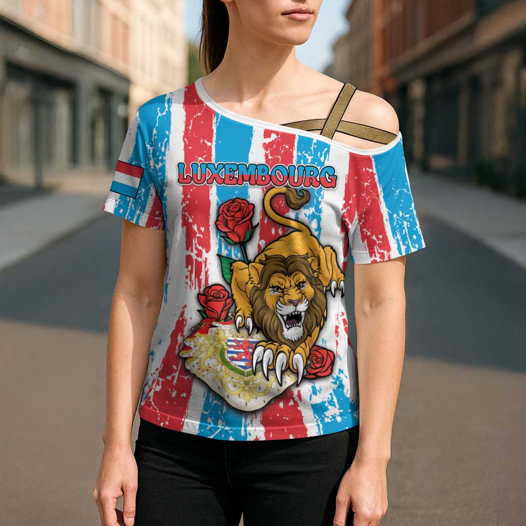 Personalized Luxembourg Cross Shoulder Shirt Red Lion With Coat Of Arms - Wonder Print Shop