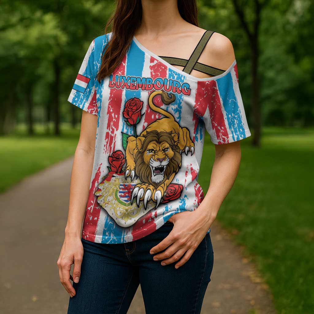 Personalized Luxembourg Cross Shoulder Shirt Red Lion With Coat Of Arms - Wonder Print Shop