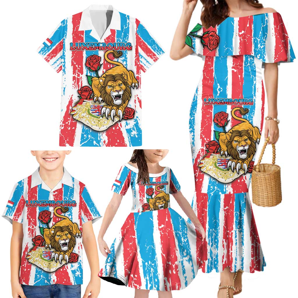Personalized Luxembourg Family Matching Mermaid Dress and Hawaiian Shirt Red Lion With Coat Of Arms - Wonder Print Shop
