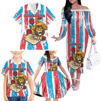 Personalized Luxembourg Family Matching Off The Shoulder Long Sleeve Dress and Hawaiian Shirt Red Lion With Coat Of Arms - Wonder Print Shop