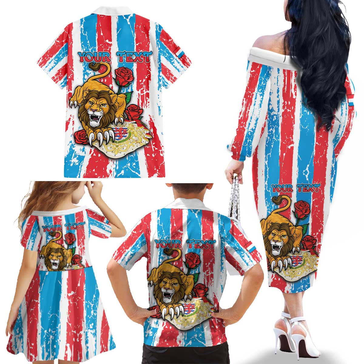 Personalized Luxembourg Family Matching Off The Shoulder Long Sleeve Dress and Hawaiian Shirt Red Lion With Coat Of Arms - Wonder Print Shop