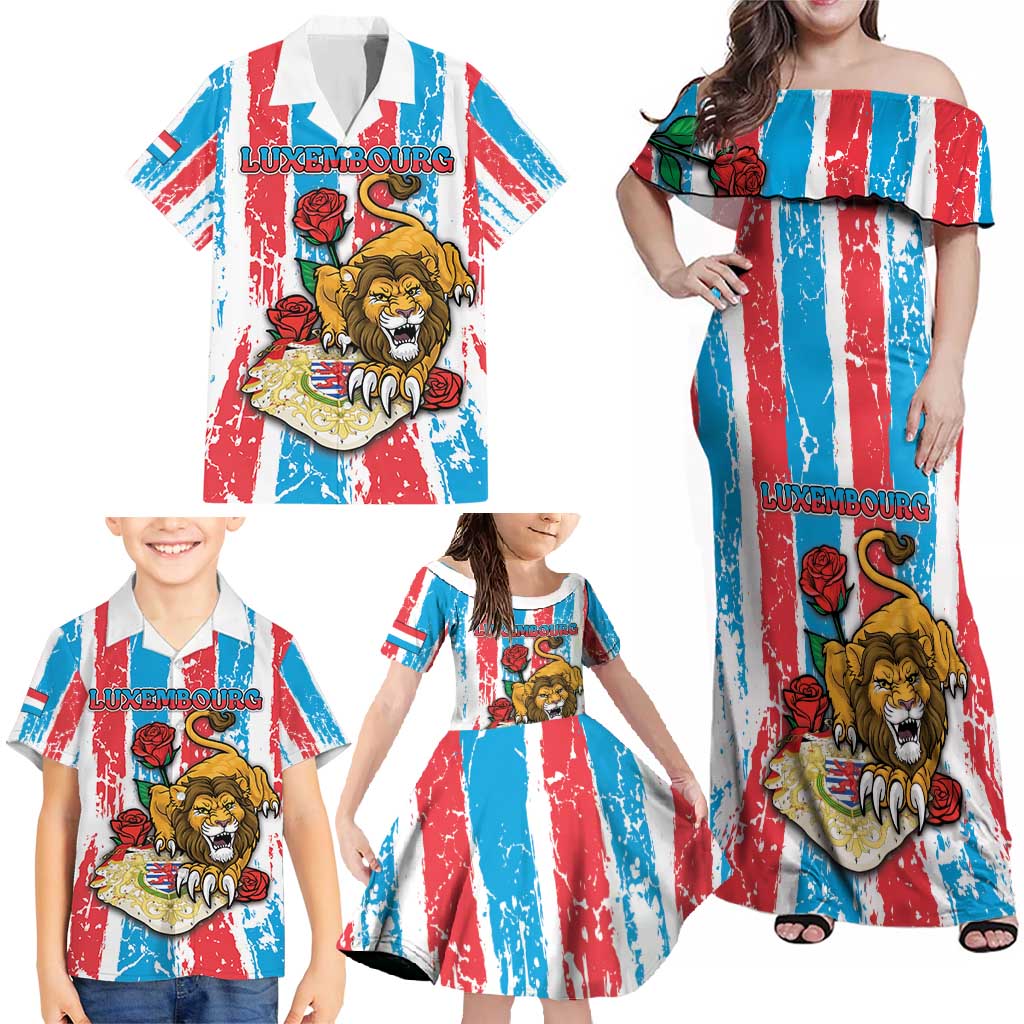 Personalized Luxembourg Family Matching Off Shoulder Maxi Dress and Hawaiian Shirt Red Lion With Coat Of Arms - Wonder Print Shop