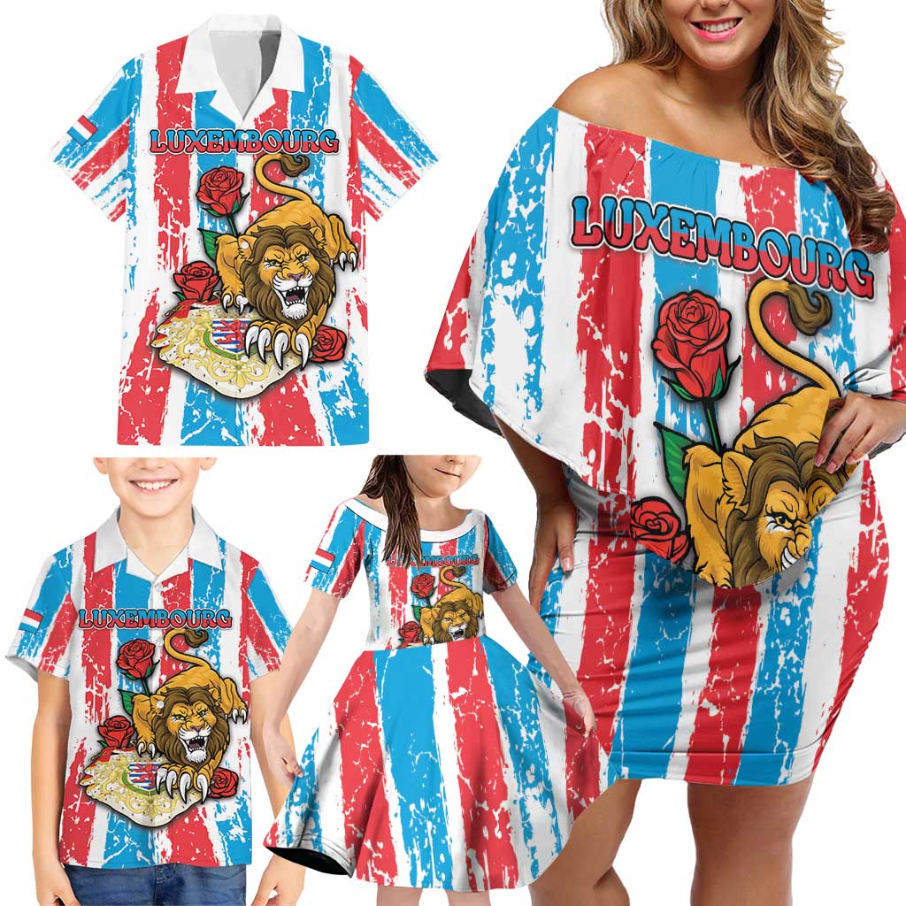 Personalized Luxembourg Family Matching Off Shoulder Short Dress and Hawaiian Shirt Red Lion With Coat Of Arms - Wonder Print Shop
