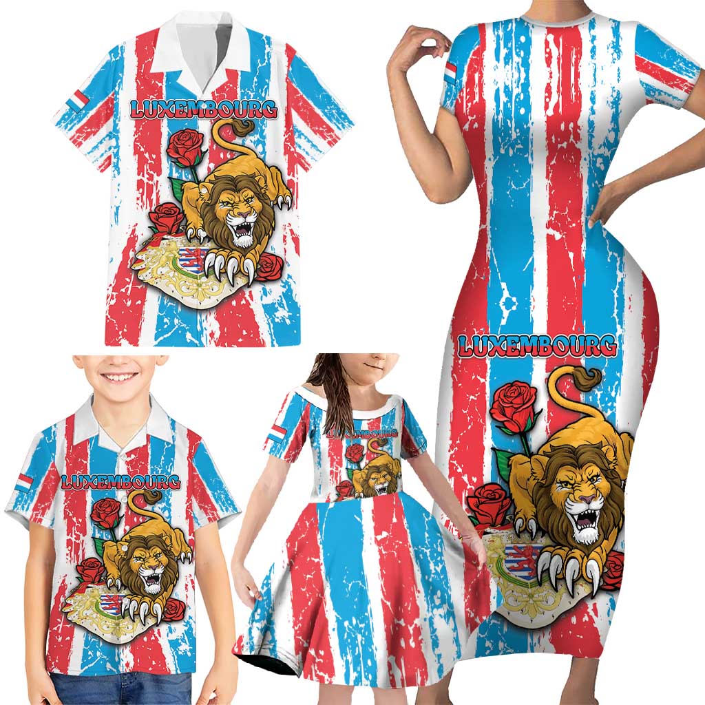 Personalized Luxembourg Family Matching Short Sleeve Bodycon Dress and Hawaiian Shirt Red Lion With Coat Of Arms - Wonder Print Shop