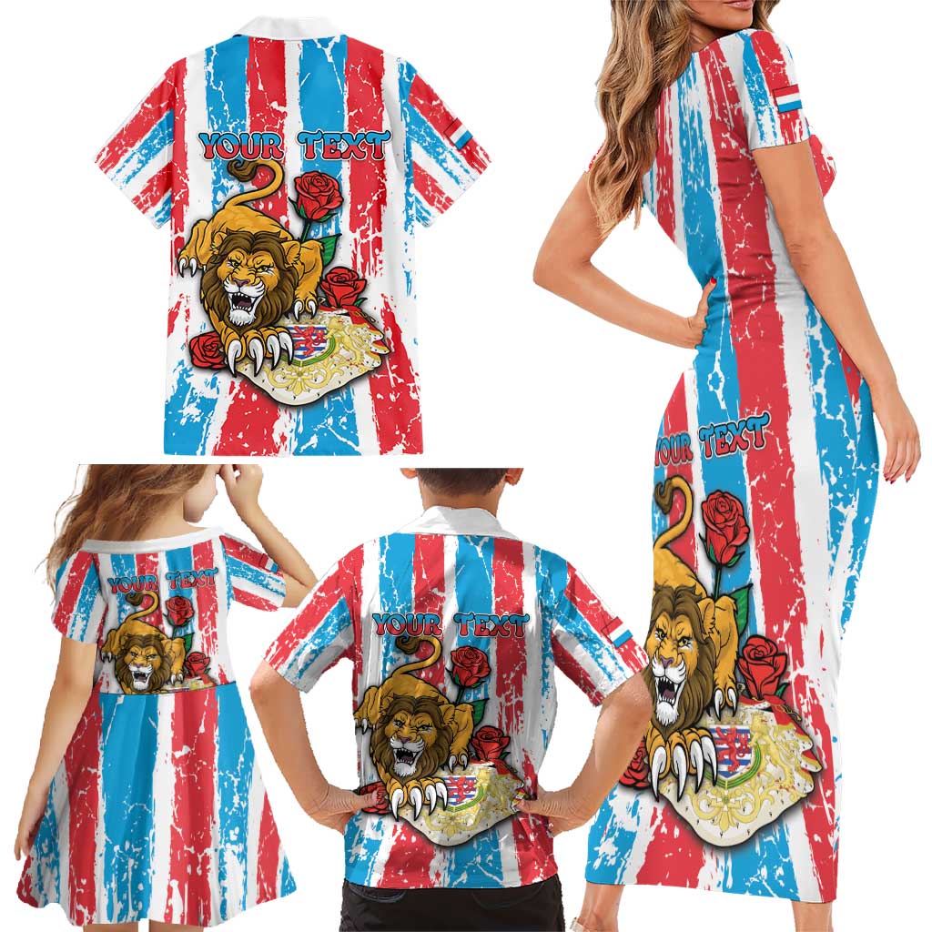 Personalized Luxembourg Family Matching Short Sleeve Bodycon Dress and Hawaiian Shirt Red Lion With Coat Of Arms - Wonder Print Shop