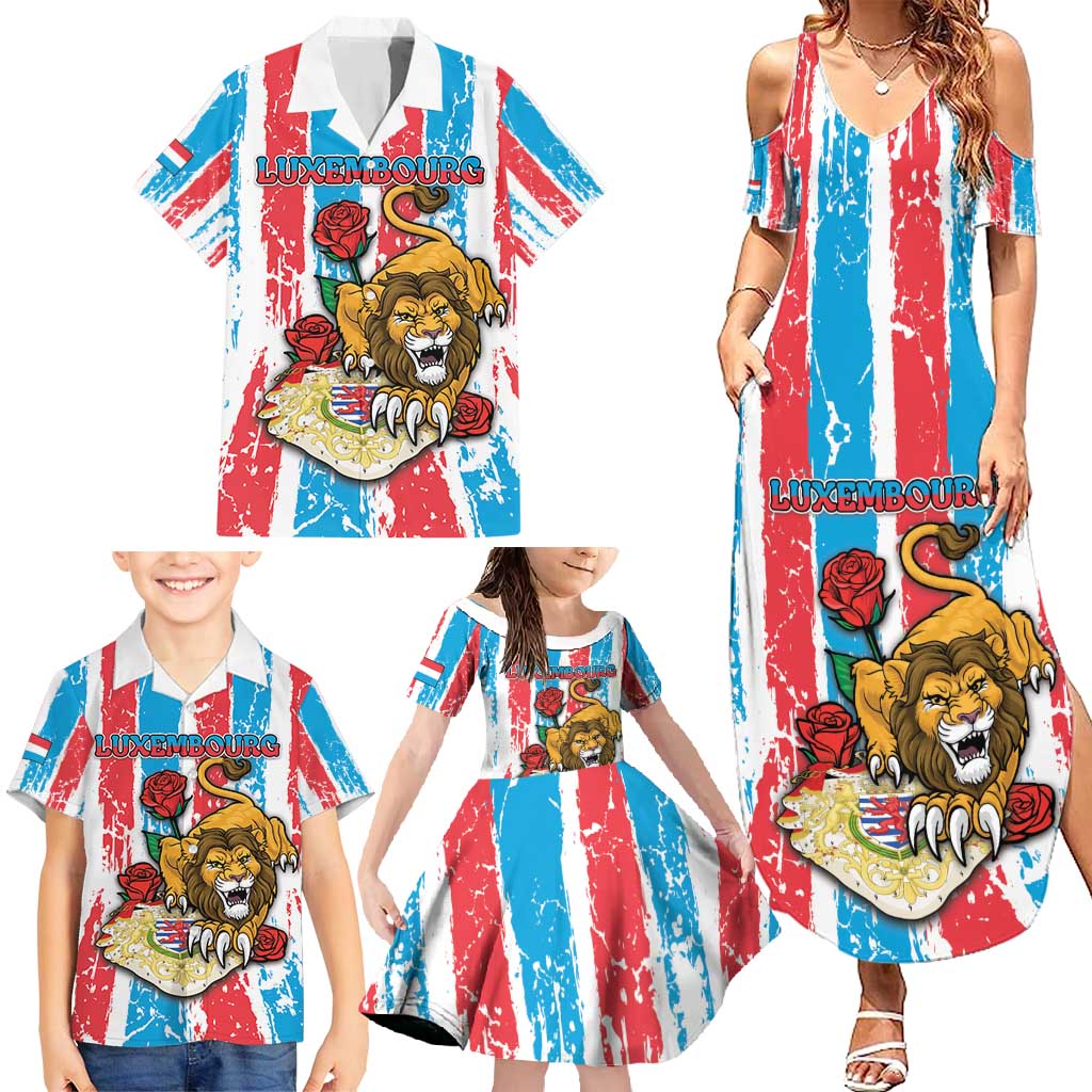 Personalized Luxembourg Family Matching Summer Maxi Dress and Hawaiian Shirt Red Lion With Coat Of Arms - Wonder Print Shop