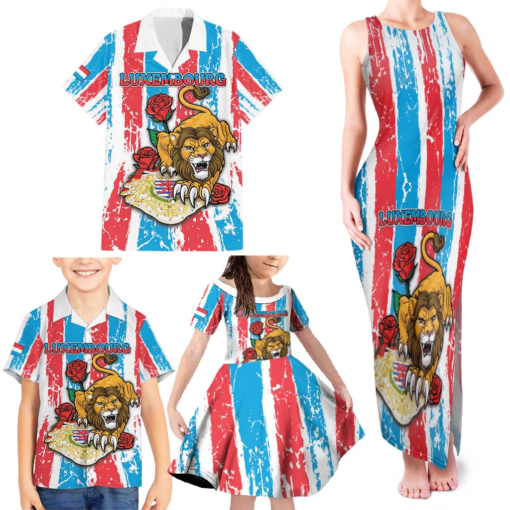 Personalized Luxembourg Family Matching Tank Maxi Dress and Hawaiian Shirt Red Lion With Coat Of Arms - Wonder Print Shop