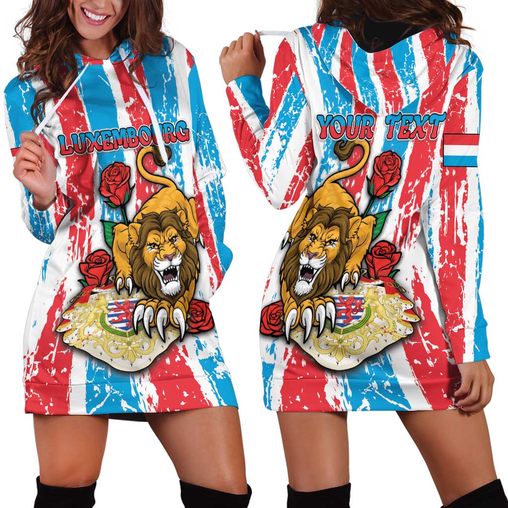 Personalized Luxembourg Hoodie Dress Red Lion With Coat Of Arms - Wonder Print Shop