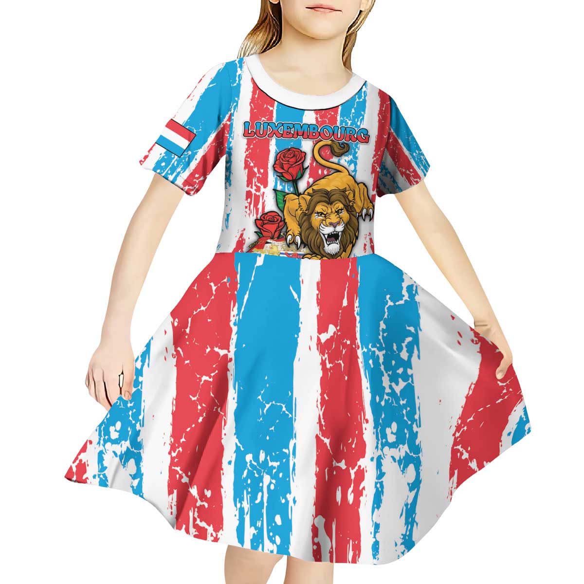 Personalized Luxembourg Kid Short Sleeve Dress Red Lion With Coat Of Arms - Wonder Print Shop
