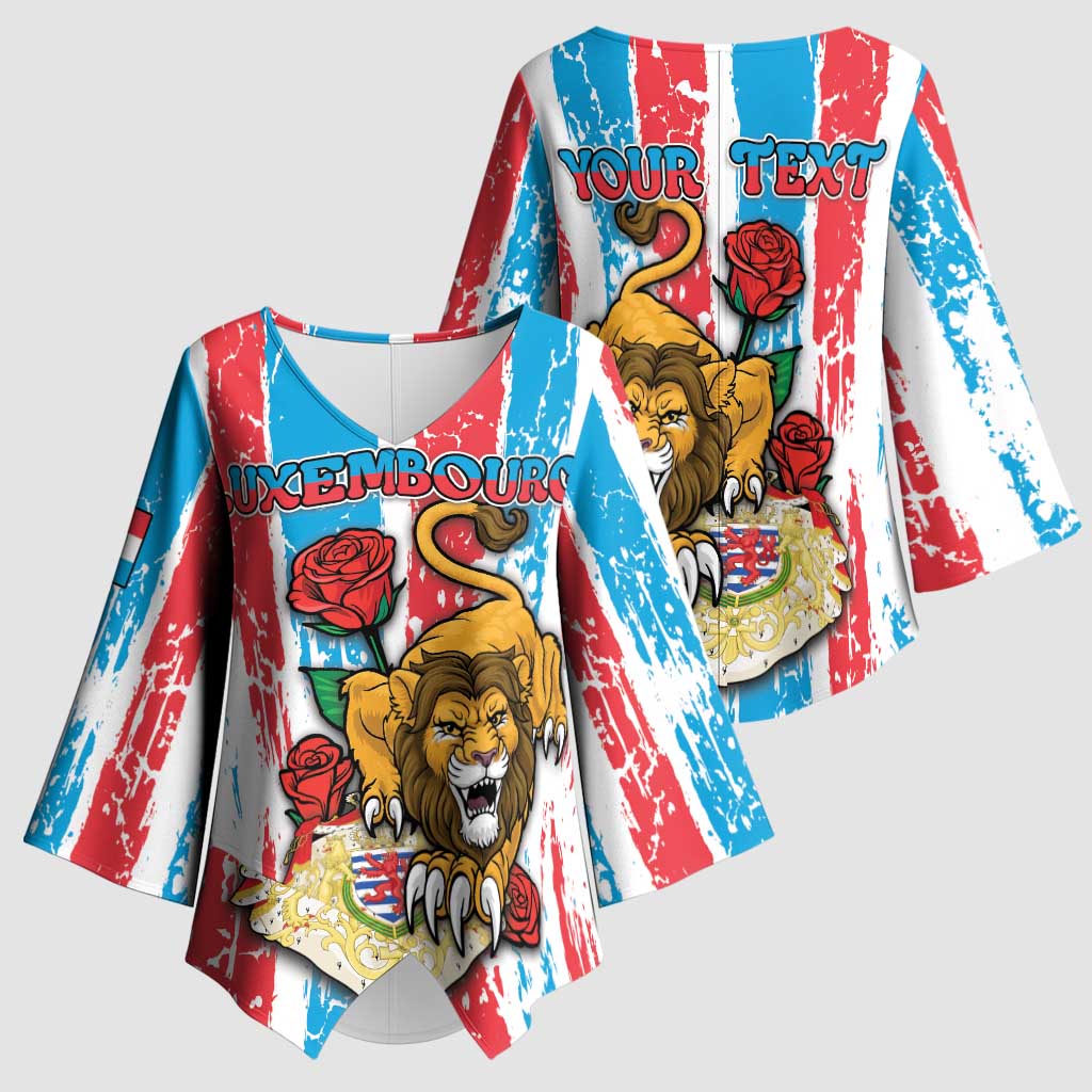 Personalized Luxembourg Kimono Sleeve Blouse Red Lion With Coat Of Arms - Wonder Print Shop