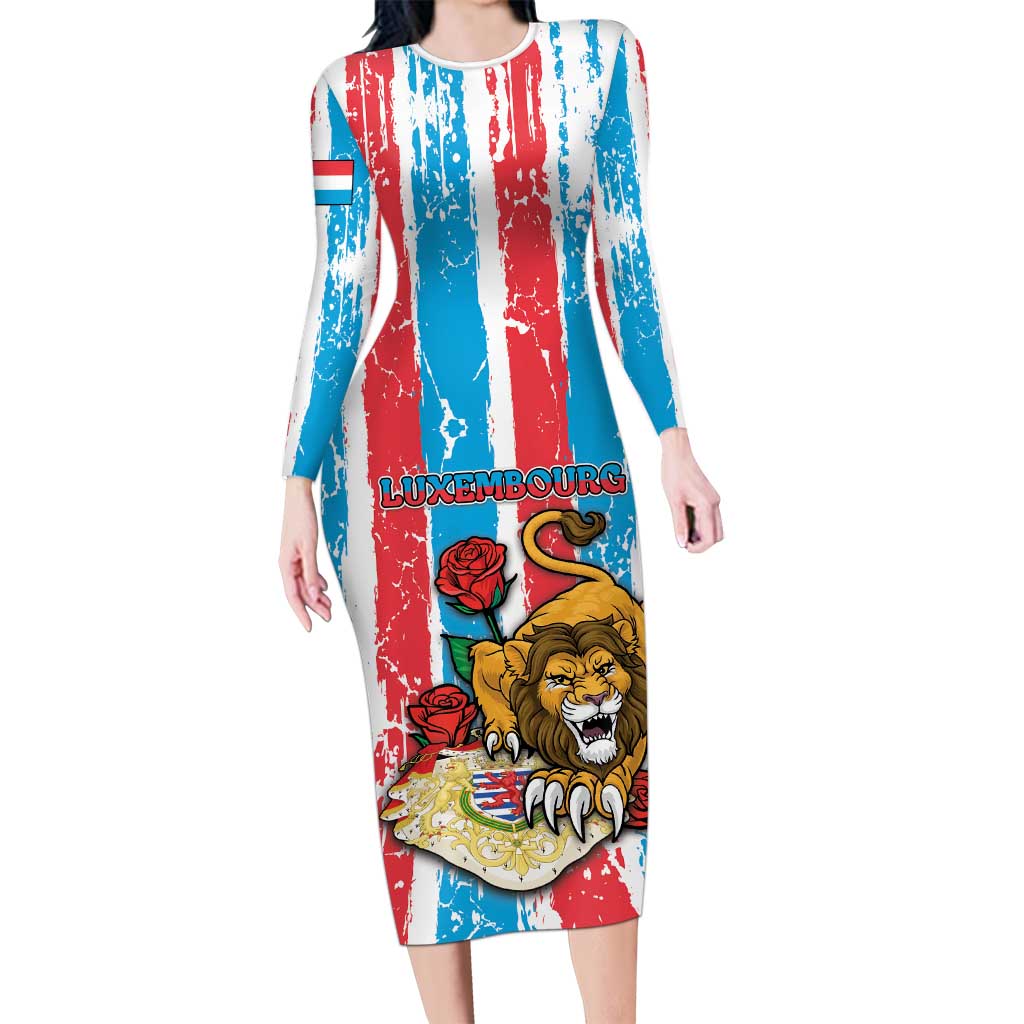 Personalized Luxembourg Long Sleeve Bodycon Dress Red Lion With Coat Of Arms - Wonder Print Shop