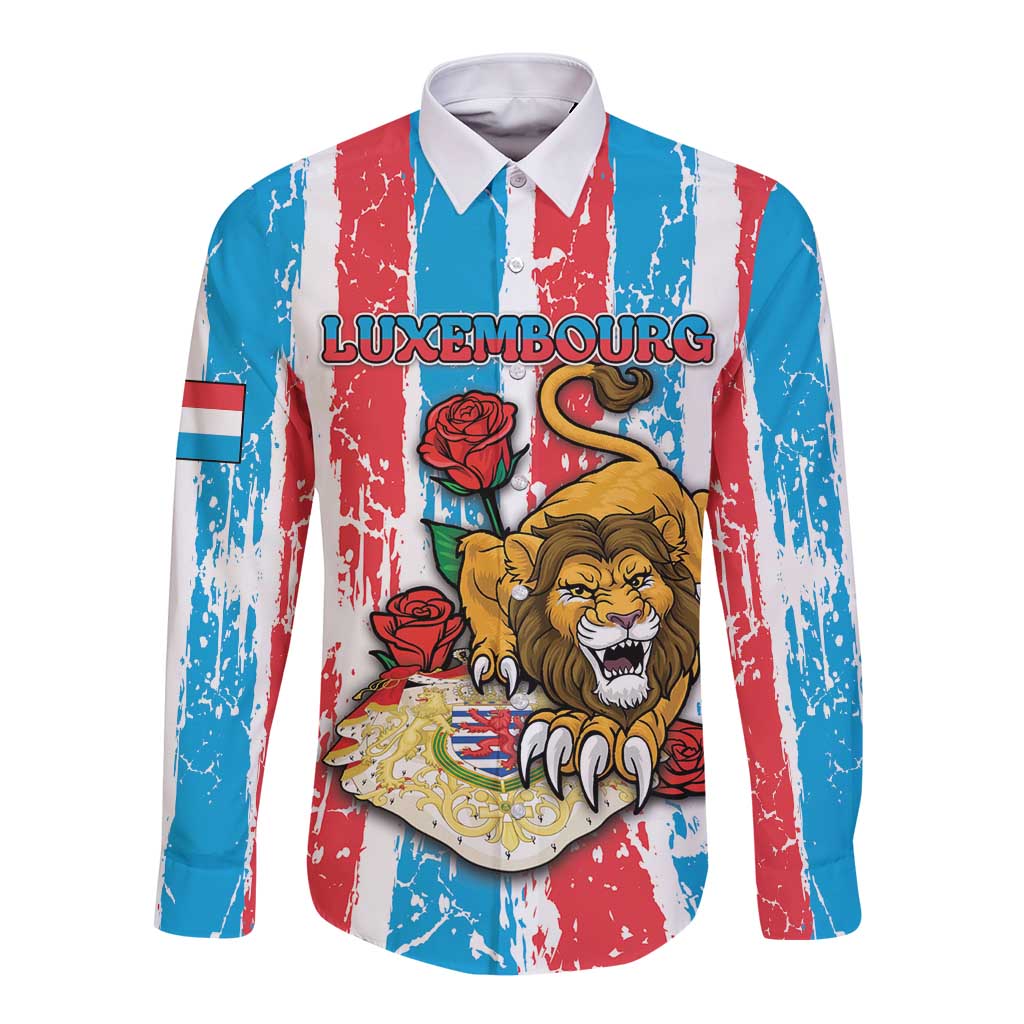 Personalized Luxembourg Long Sleeve Button Shirt Red Lion With Coat Of Arms - Wonder Print Shop