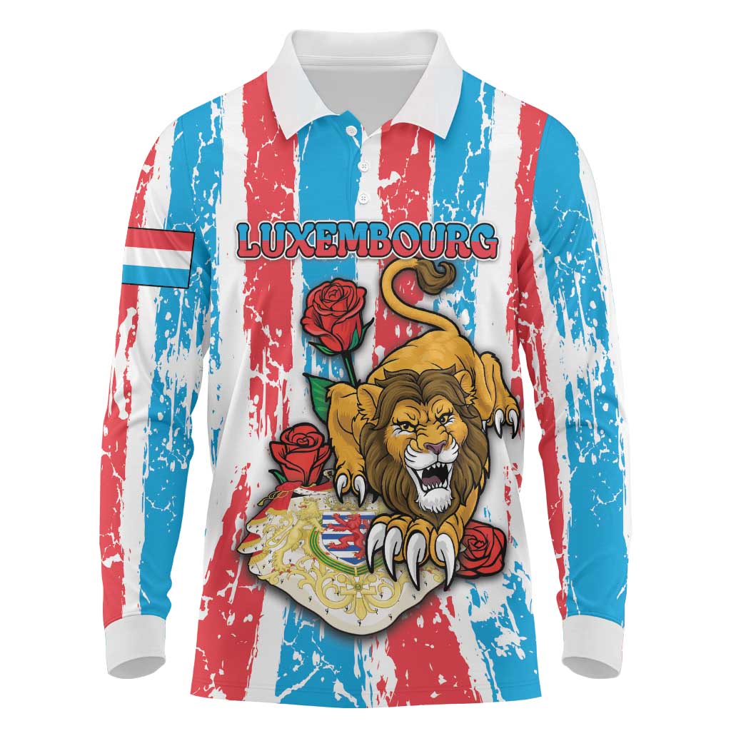 Personalized Luxembourg Long Sleeve Polo Shirt Red Lion With Coat Of Arms - Wonder Print Shop