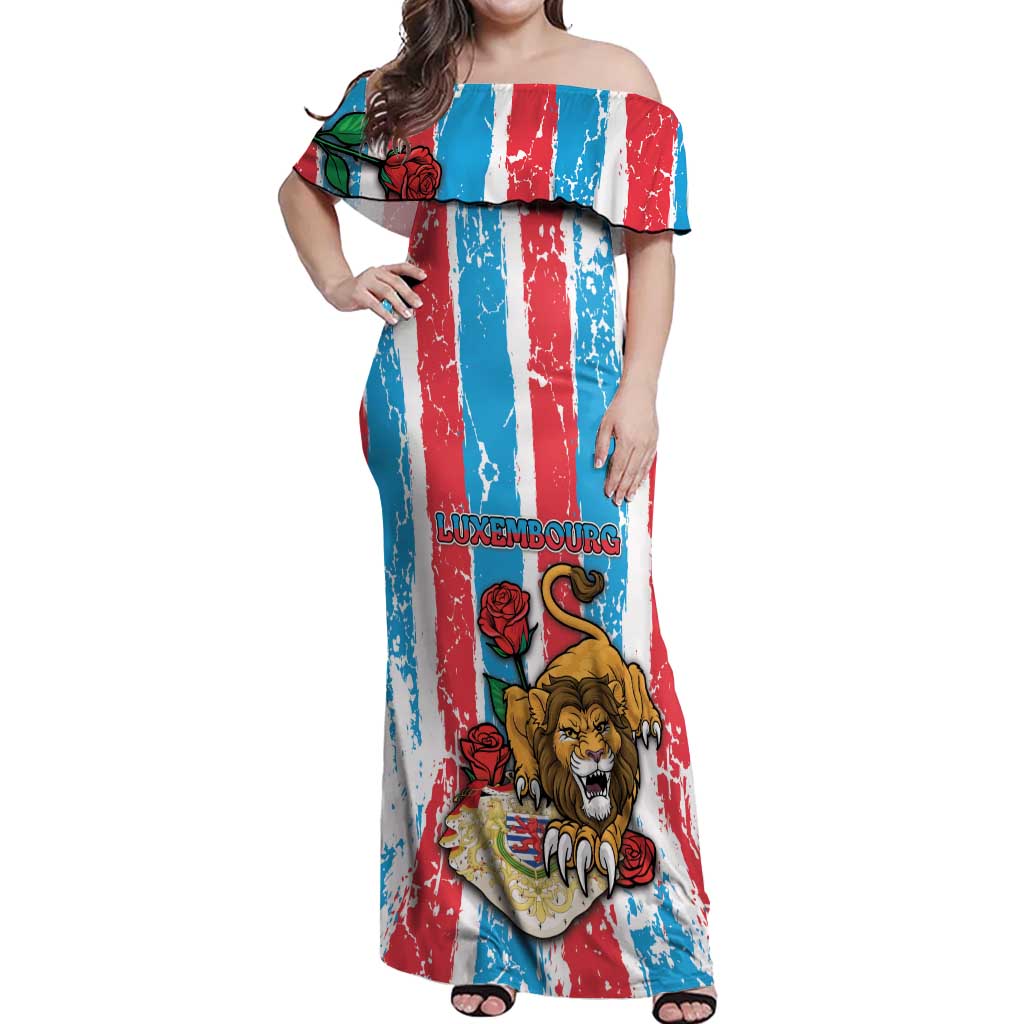 Personalized Luxembourg Off Shoulder Maxi Dress Red Lion With Coat Of Arms - Wonder Print Shop