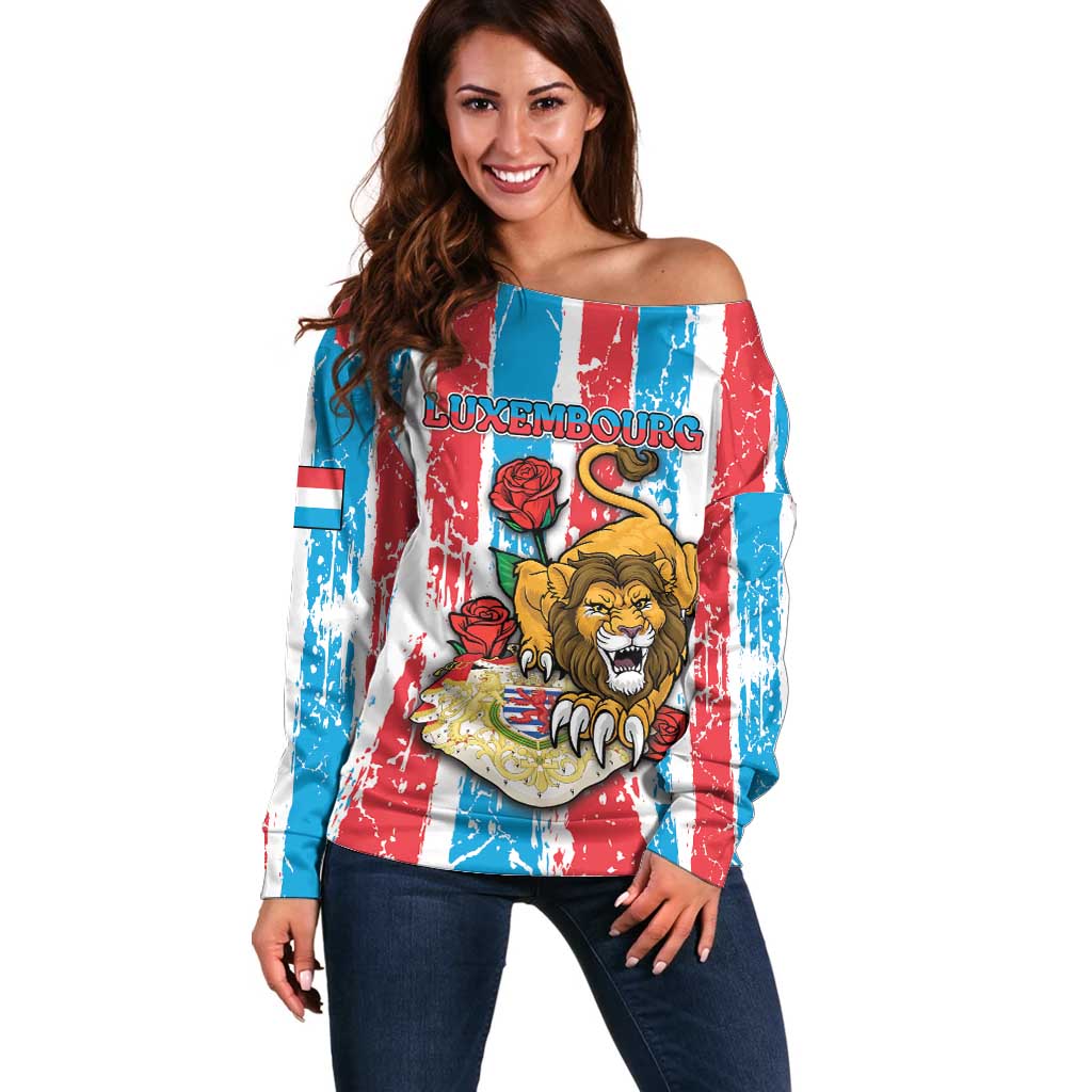 Personalized Luxembourg Off Shoulder Sweater Red Lion With Coat Of Arms - Wonder Print Shop