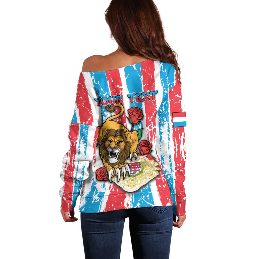 Personalized Luxembourg Off Shoulder Sweater Red Lion With Coat Of Arms - Wonder Print Shop