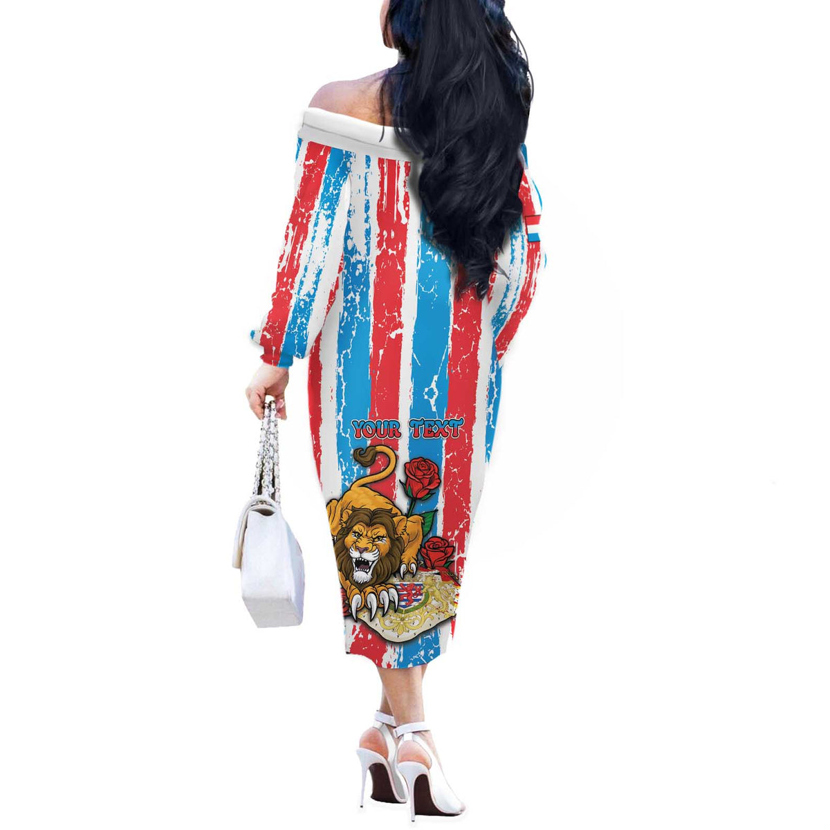 Personalized Luxembourg Off The Shoulder Long Sleeve Dress Red Lion With Coat Of Arms - Wonder Print Shop