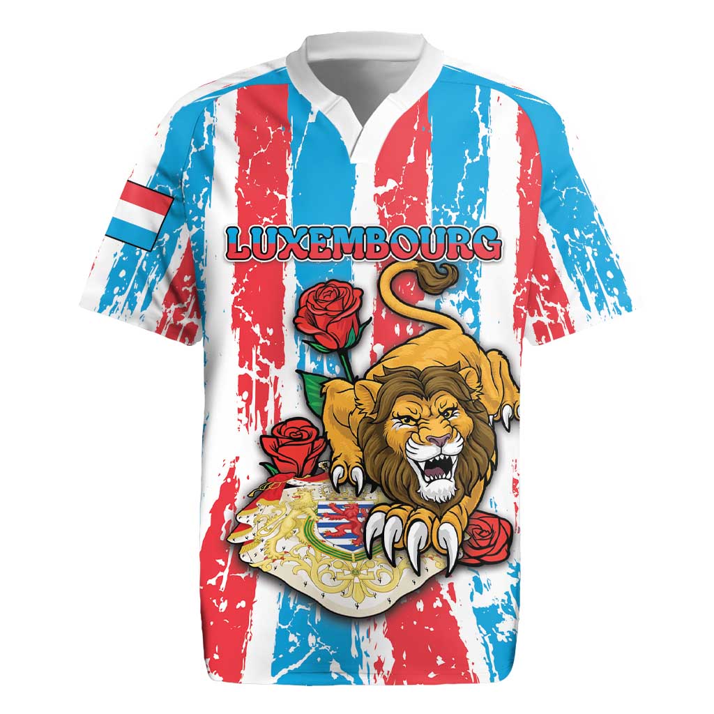 Personalized Luxembourg Rugby Jersey Red Lion With Coat Of Arms - Wonder Print Shop