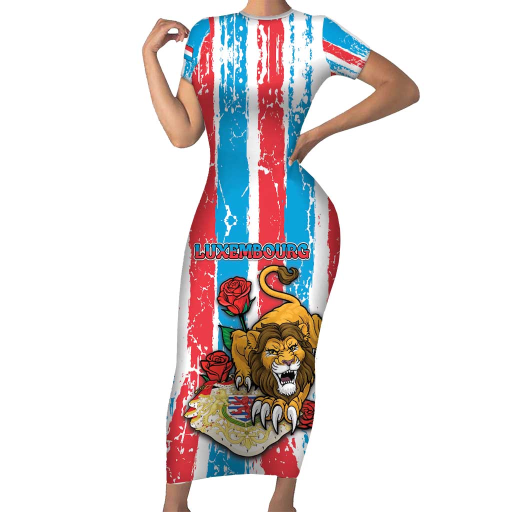 Personalized Luxembourg Short Sleeve Bodycon Dress Red Lion With Coat Of Arms - Wonder Print Shop