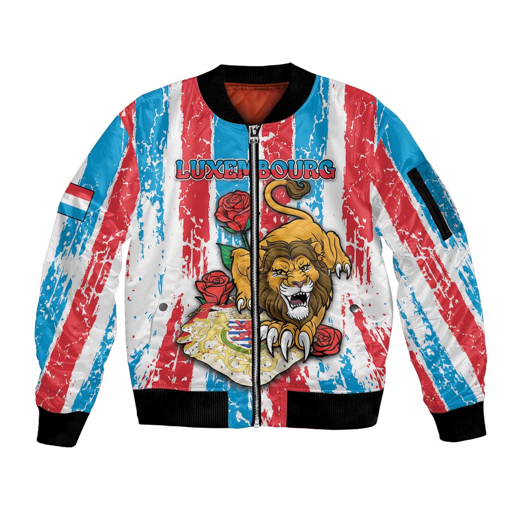 Personalized Luxembourg Sleeve Zip Bomber Jacket Red Lion With Coat Of Arms - Wonder Print Shop