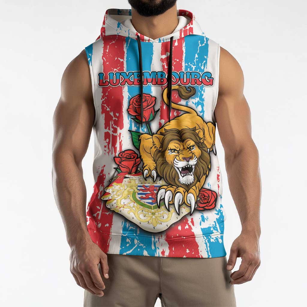 Personalized Luxembourg Sleeveless Hoodie Red Lion With Coat Of Arms - Wonder Print Shop