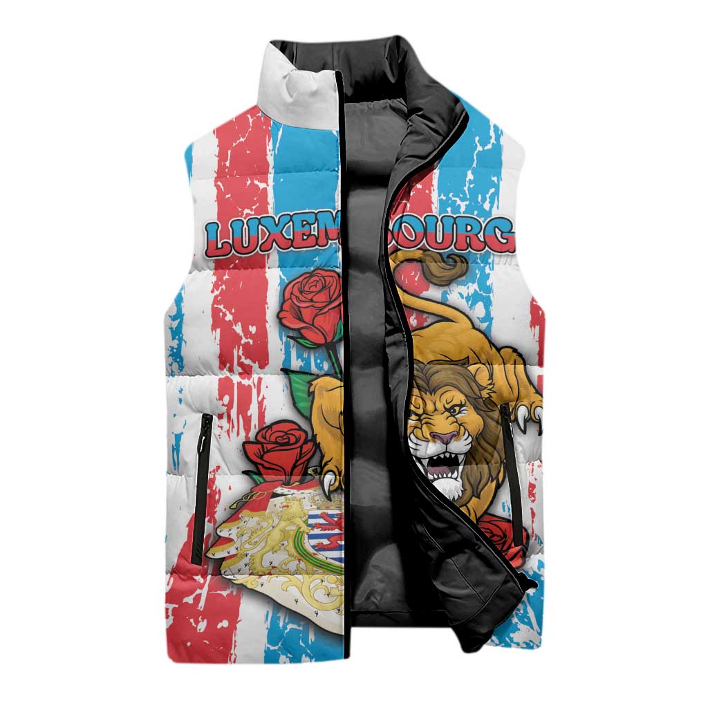 Personalized Luxembourg Sleeveless Puffer Jacket Red Lion With Coat Of Arms - Wonder Print Shop