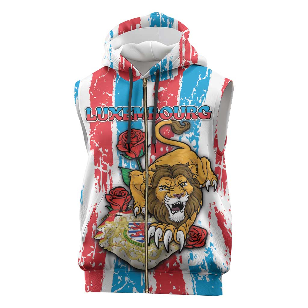 Personalized Luxembourg Sleeveless Zip Hoodie Red Lion With Coat Of Arms - Wonder Print Shop