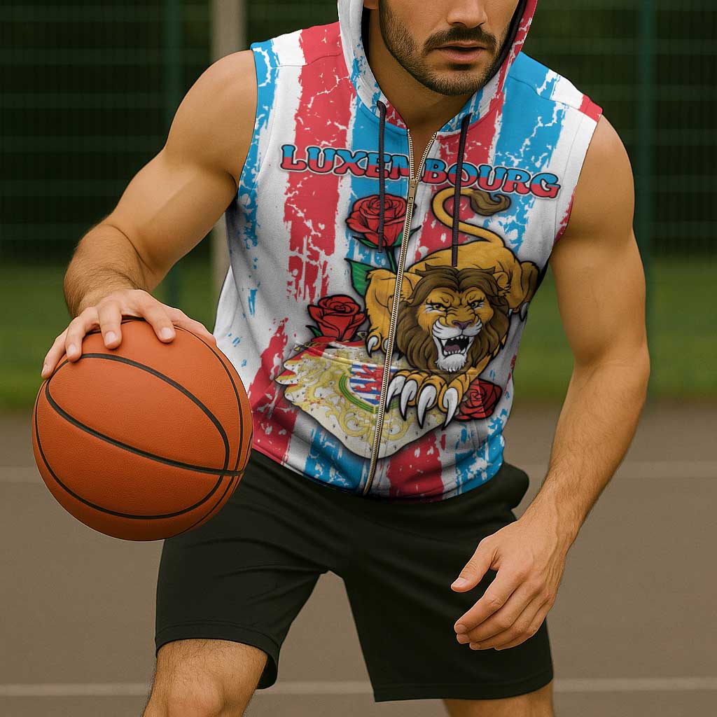 Personalized Luxembourg Sleeveless Zip Hoodie Red Lion With Coat Of Arms - Wonder Print Shop