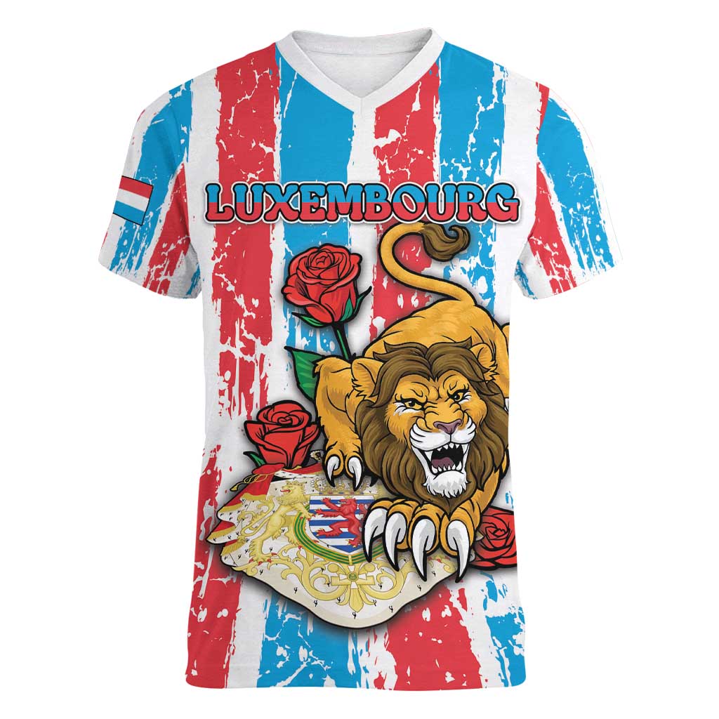 Personalized Luxembourg Women V-Neck T-Shirt Red Lion With Coat Of Arms - Wonder Print Shop