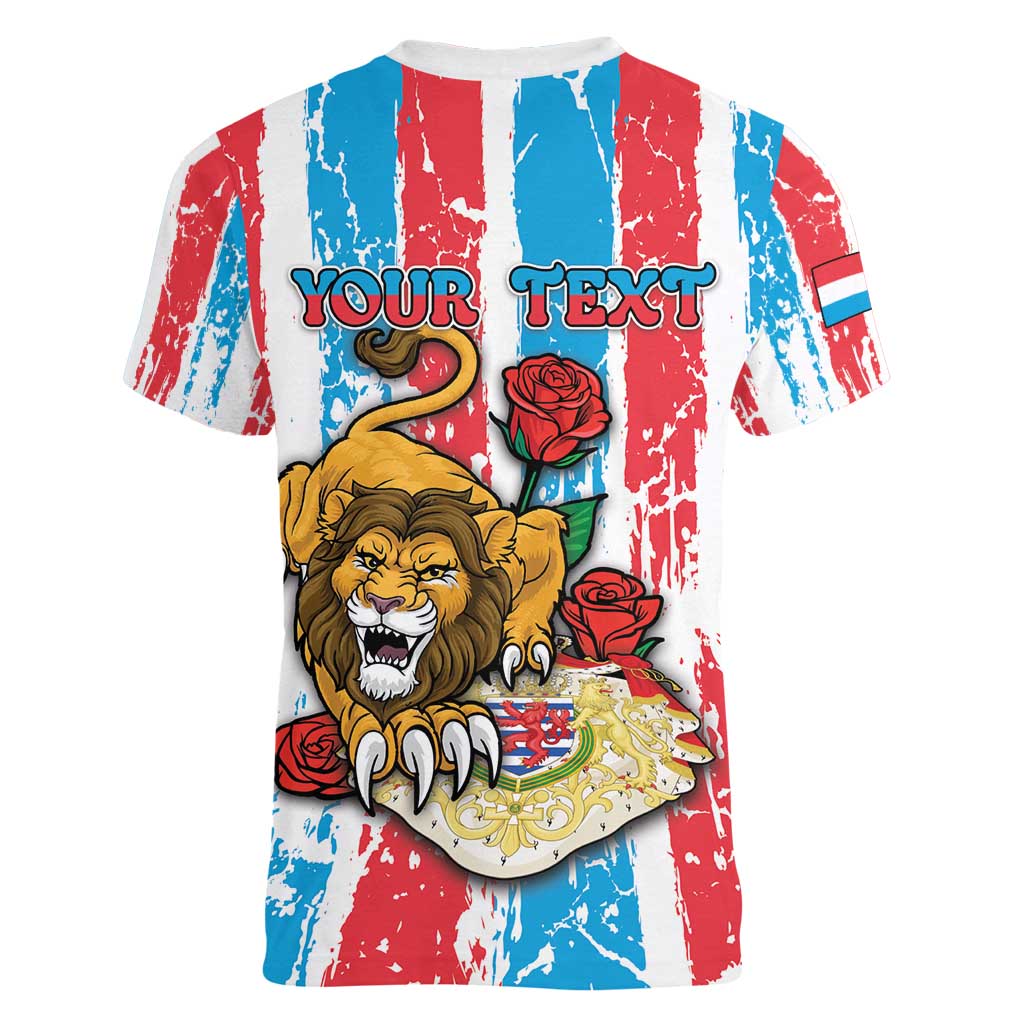 Personalized Luxembourg Women V-Neck T-Shirt Red Lion With Coat Of Arms - Wonder Print Shop