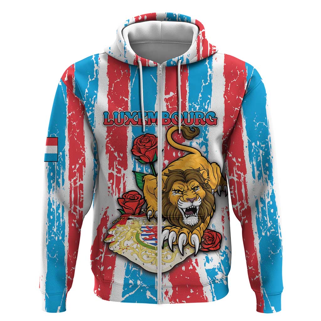 Personalized Luxembourg Zip Hoodie Red Lion With Coat Of Arms - Wonder Print Shop