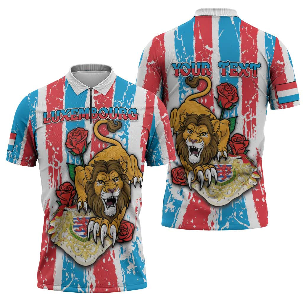 Personalized Luxembourg Zipper Polo Shirt Red Lion With Coat Of Arms - Wonder Print Shop