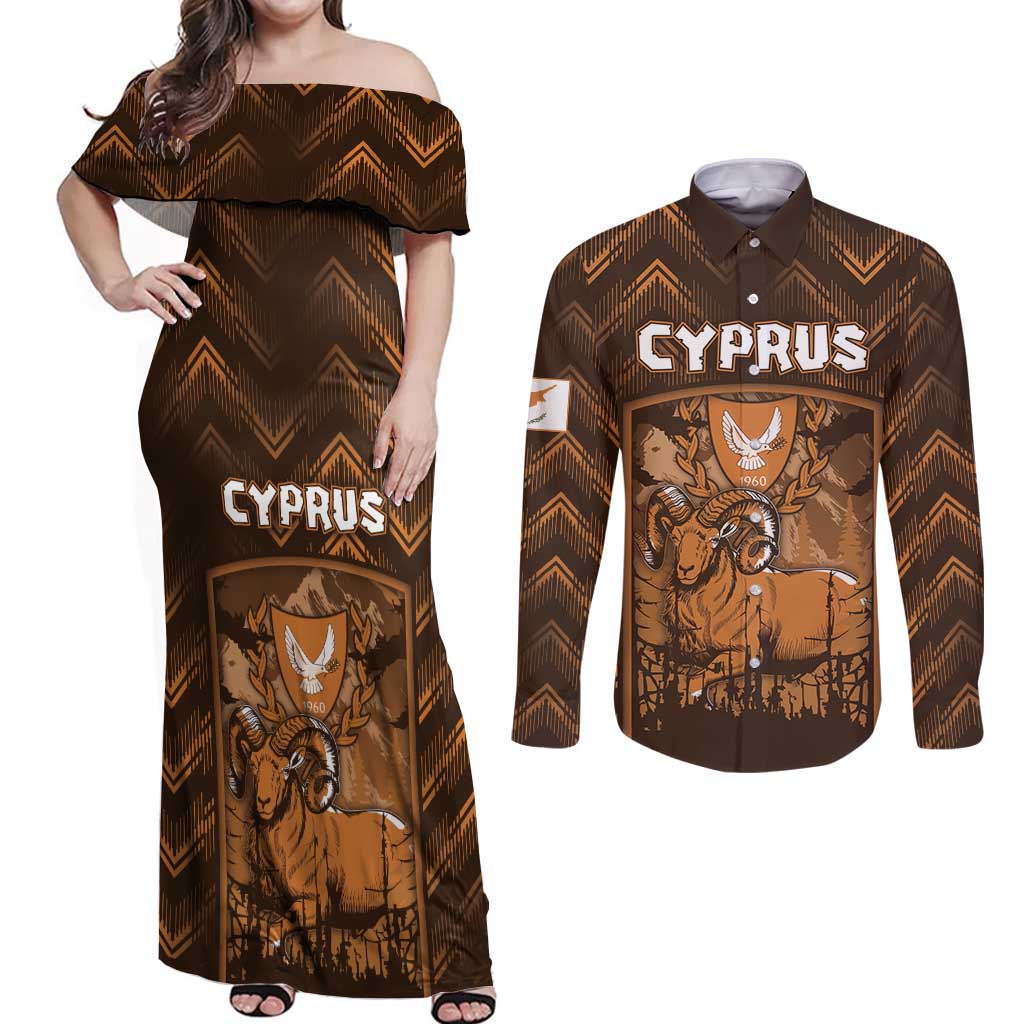 Personalized Cyprus Couples Matching Off Shoulder Maxi Dress and Long Sleeve Button Shirt The Cypriot Mouflon With Coat Of Arms - Wonder Print Shop
